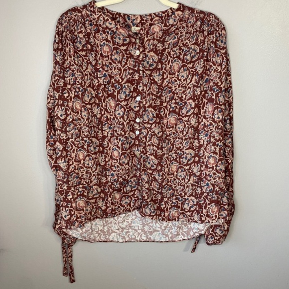 Faherty Womens XL Floral Cotton Gauze Button Front Tie Cuff Blouse Rust Burgundy